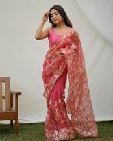 Sublime Rouge pink pure organza heavy chikankari Work saree